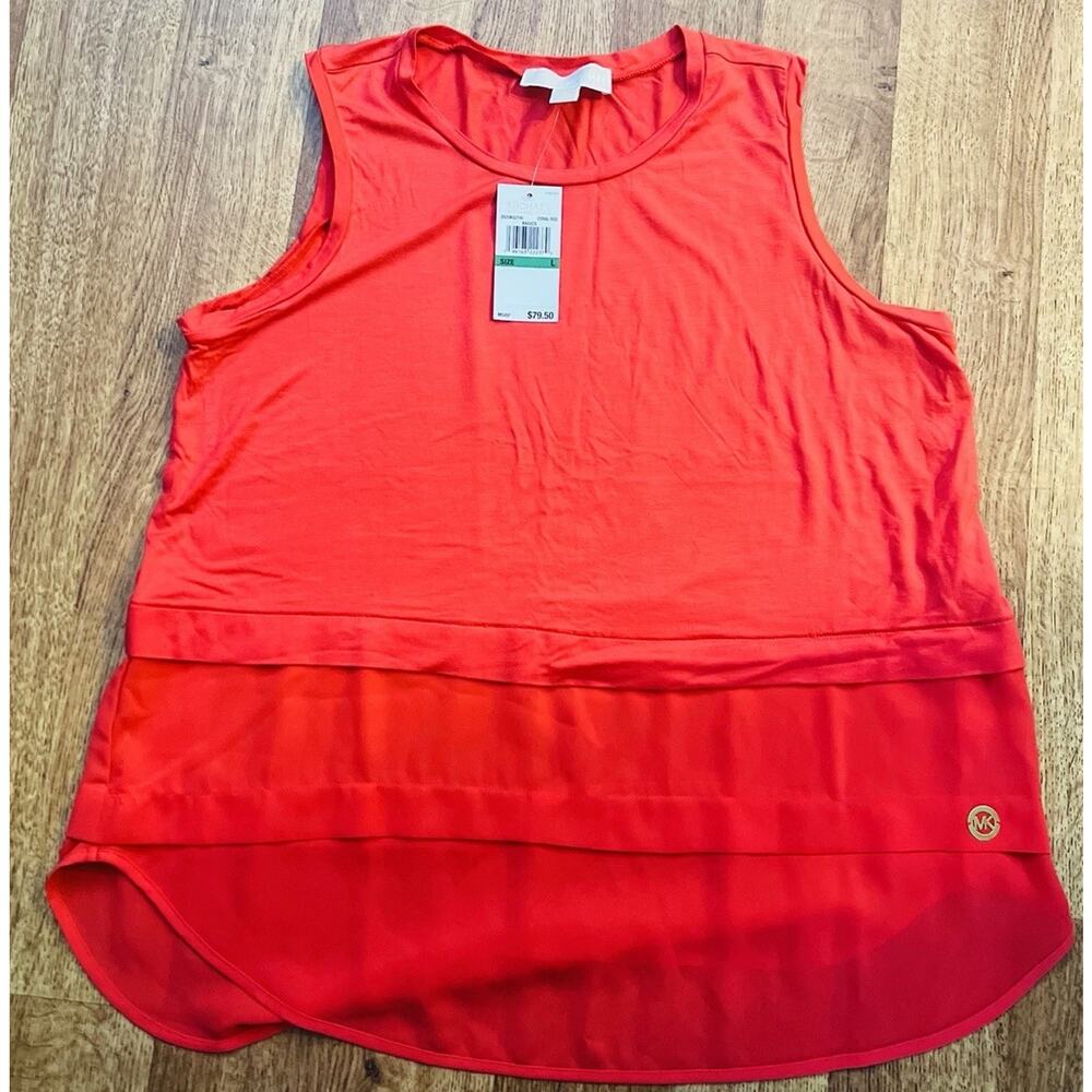 Michael Kors Coral Red Sleeveless Round Neck Layer Top Sz L NWT Business Casual